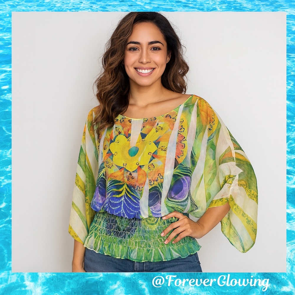 Blouse – Flowy Sheer Top, Smocked Waist, XL - Design Works